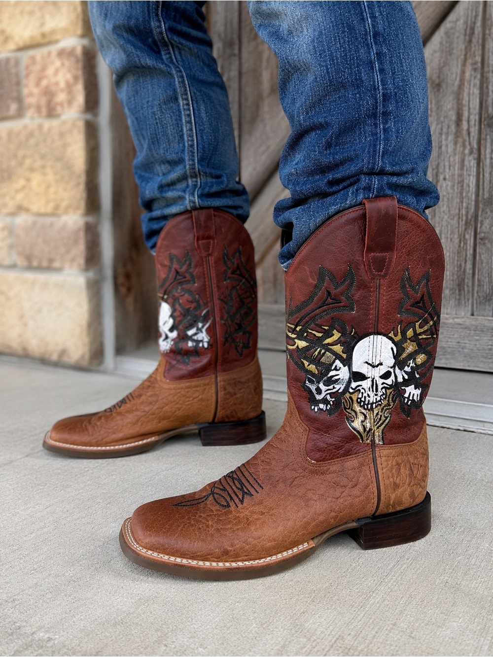 Old West Men’s 6D Brown Leather Cowboy Boots Skull Graphic Square Toe Handmade